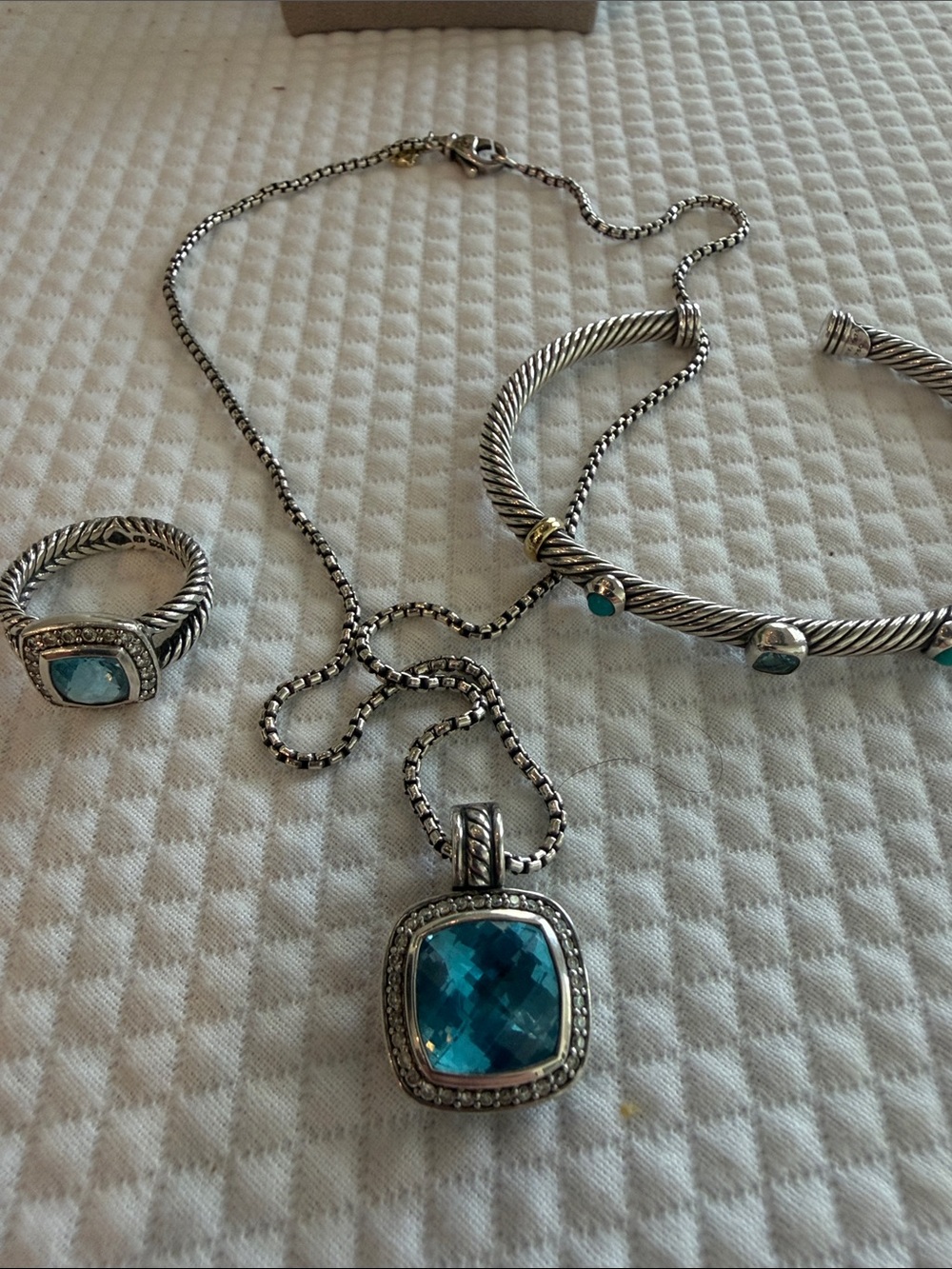 David Yurman Silver Cable Pendant Necklace,Ring, Bracelet Set BlueTopaz/Diamonds